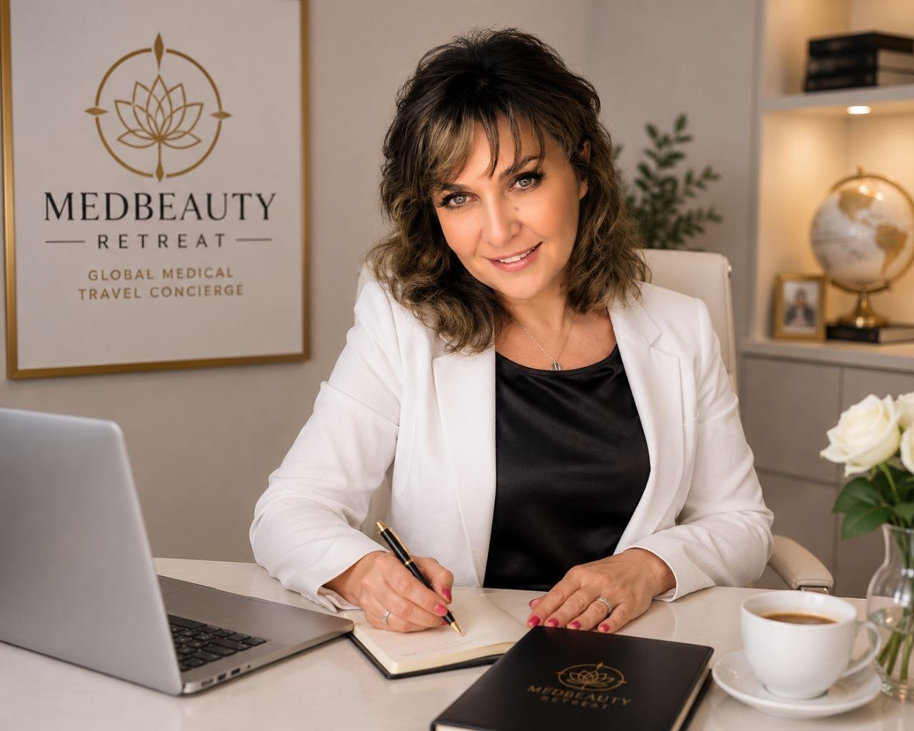 Irina Zolina, founder of Med Beauty Retreat, at her desk